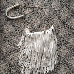 White leather fringe bag